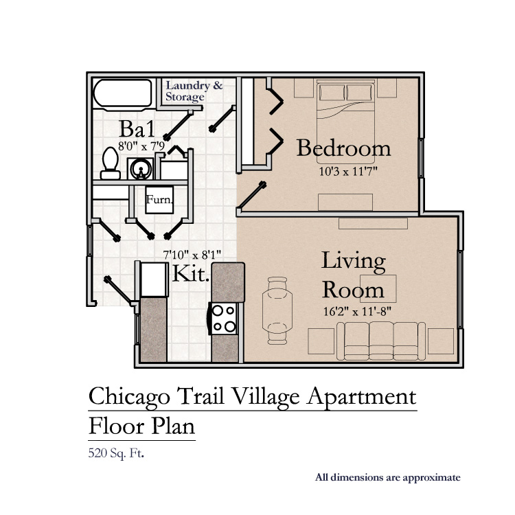 Hamilton Grove, Chicago Trail Village, IL, floorplan, one bedroom